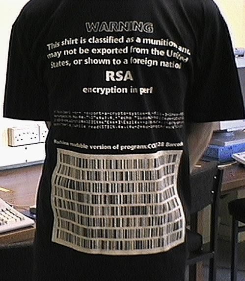 เสื้อยืด munitions T-shirt พิมพ์โค้ด RSA ภาษา Perl ประท้วงกฎห้ามส่งออกการเข้ารหัสของสหรัฐ