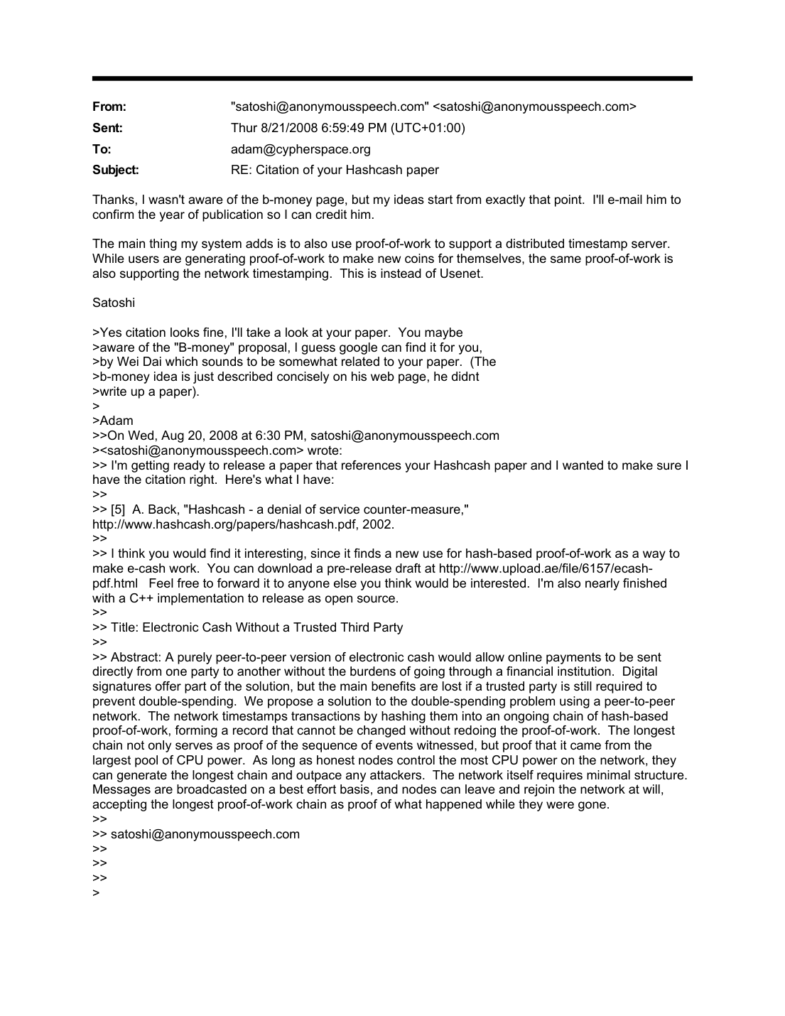 อีเมลจาก Satoshi Nakamoto ถึง Adam Back เดือนสิงหาคม 2008 ที่ยื่นต่อศาลอังกฤษ