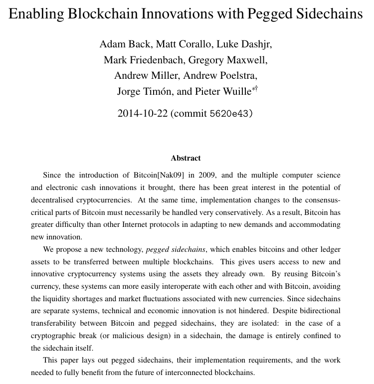 หน้าแรกของ paper Enabling Blockchain Innovations with Pegged Sidechains ปี 2014