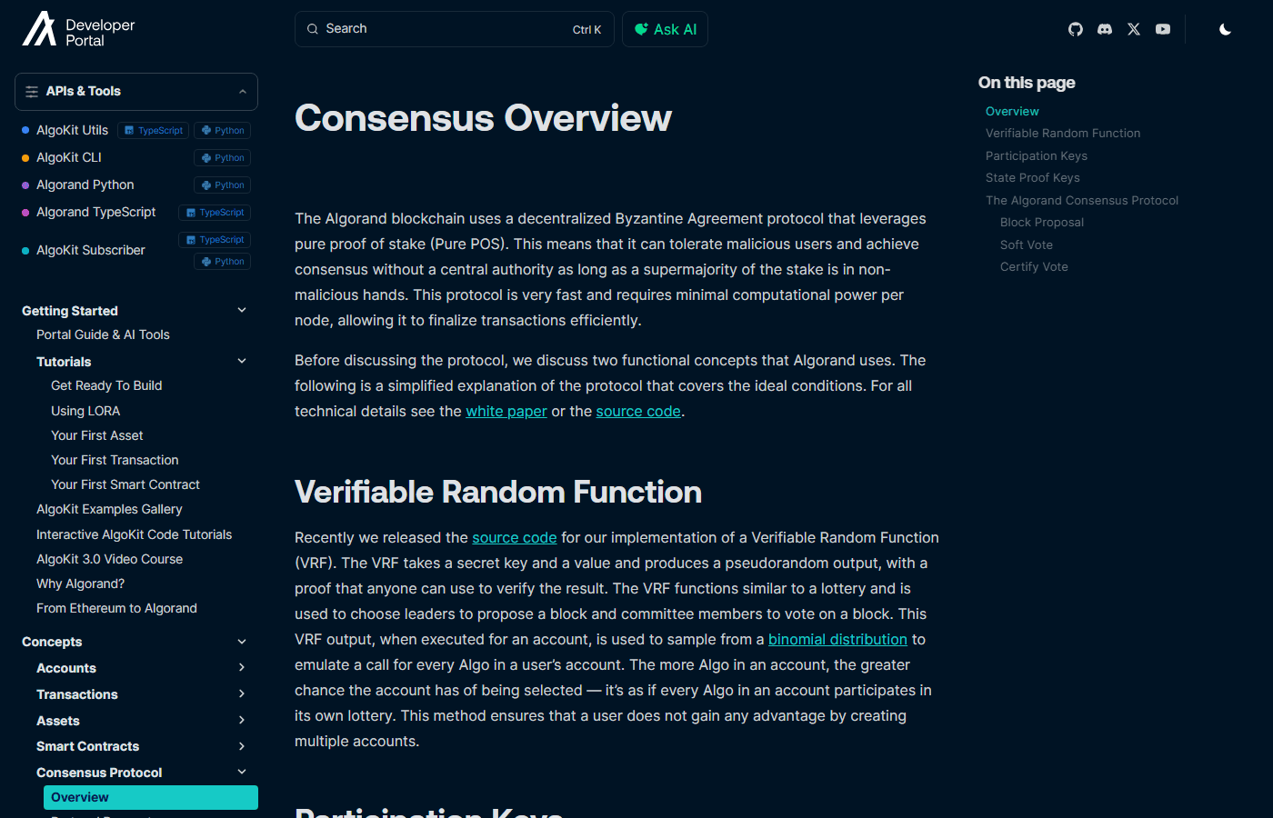 หน้าเอกสาร Consensus Overview อธิบาย VRF บน Algorand Developer Portal