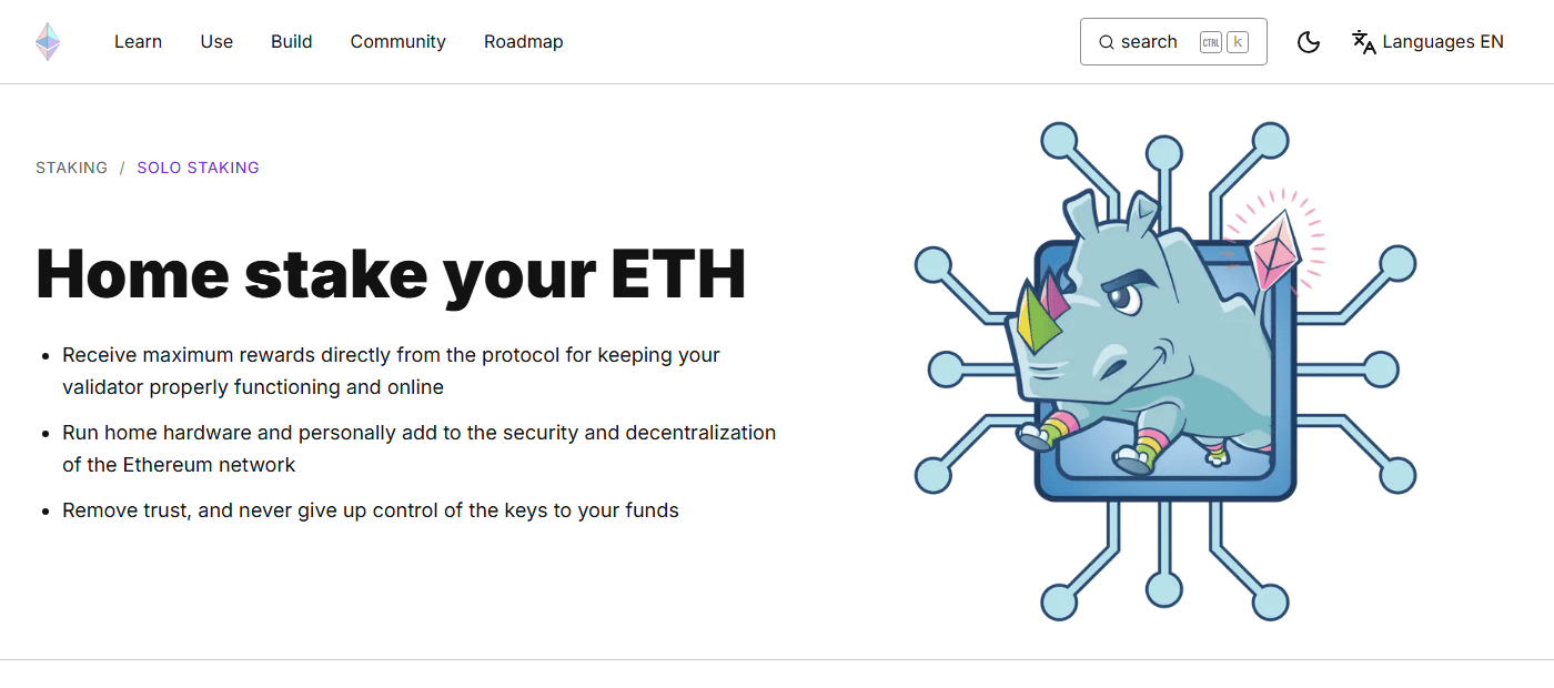 หน้า Solo Staking บน ethereum.org ยืนยันตัวเลข 32 ETH