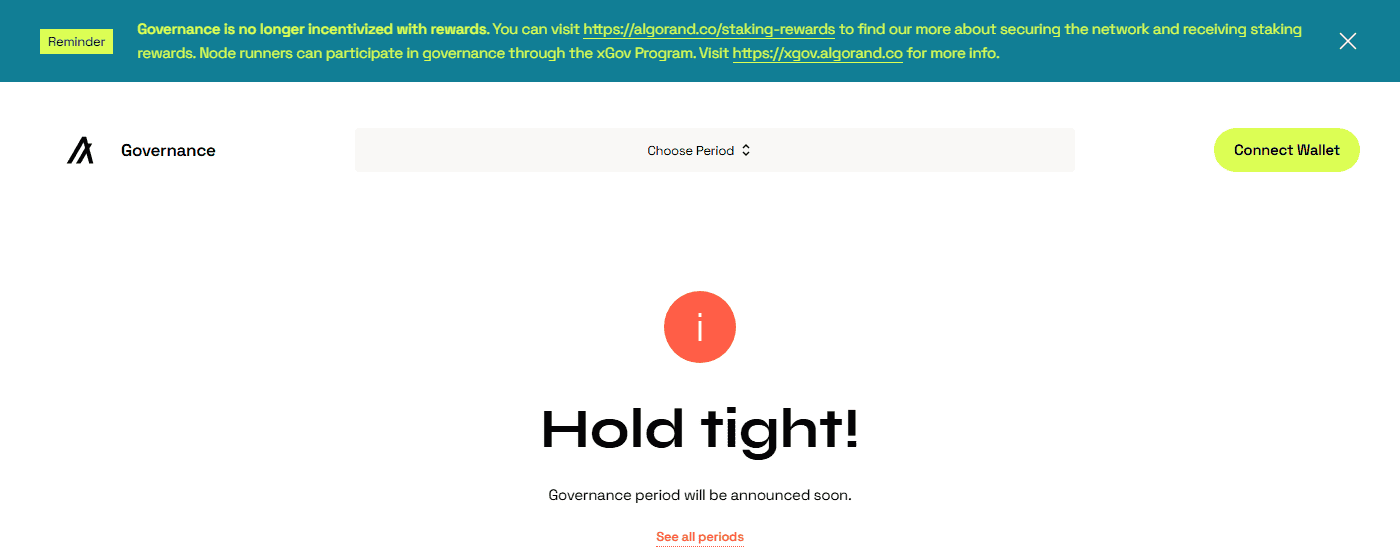 หน้า Algorand Governance แจ้งว่ายุติการให้รางวัลตอบแทนจากการโหวตแล้ว
