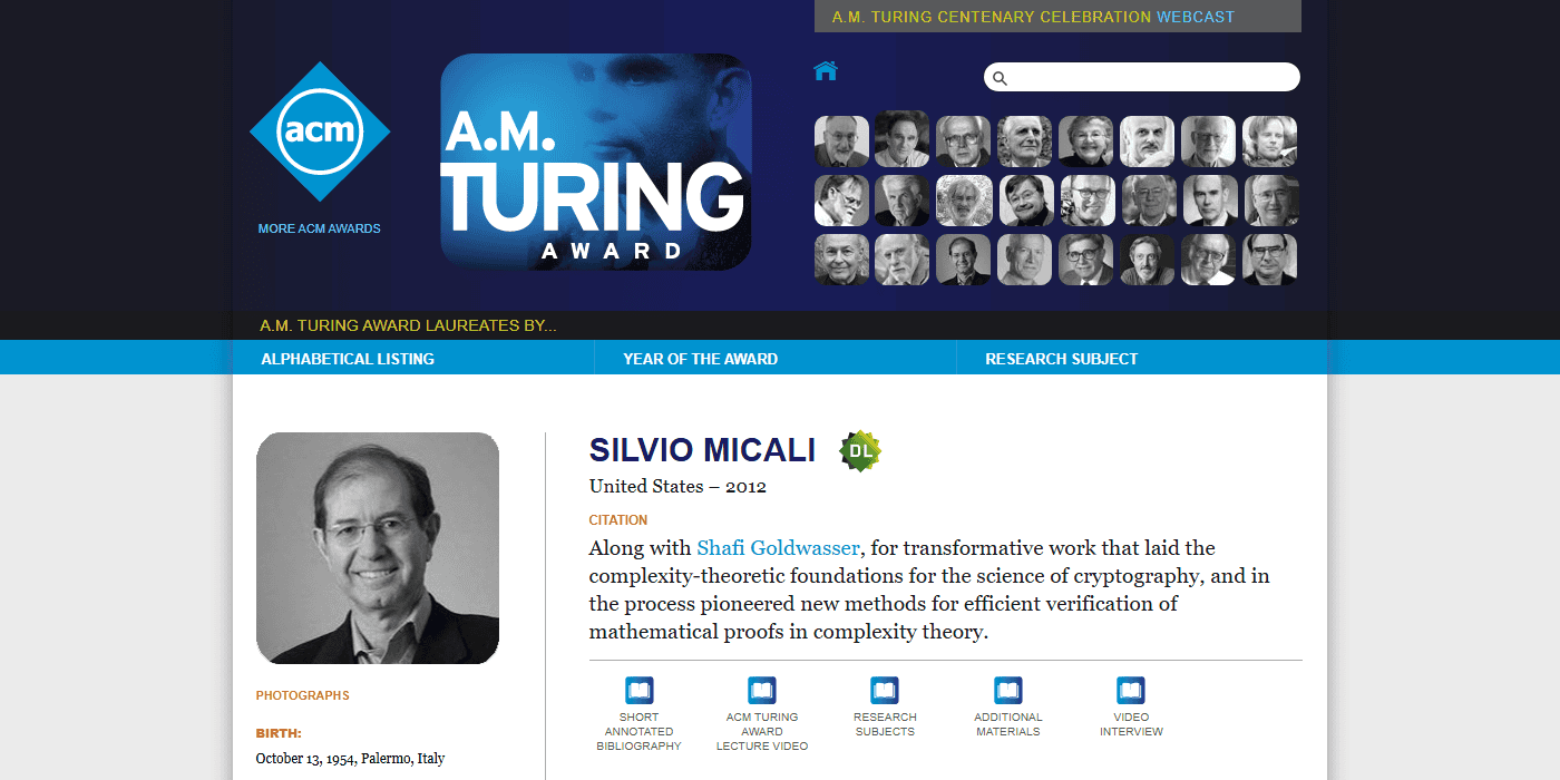 หน้าโปรไฟล์ Silvio Micali บนเว็บ ACM A.M. Turing Award