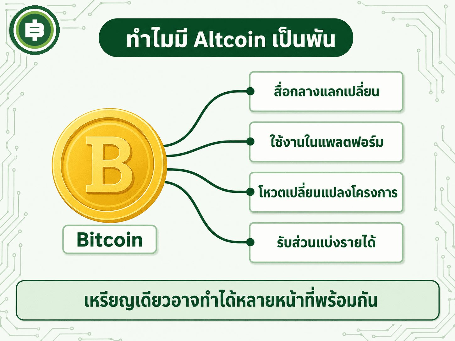 ผู้สร้างเหรียญแต่ละคนออกแบบให้เหรียญของตัวเองทำหน้าที่อะไรก็ได้ เหรียญเดียวอาจทำได้หลายหน้าที่พร้อมกัน