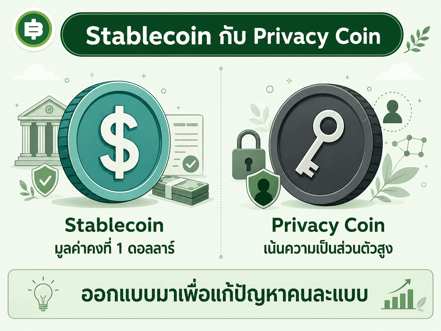 เทียบ Stablecoin ที่ออกแบบให้มูลค่าคงที่ผูกกับดอลลาร์ กับ Privacy Coin ที่เน้นซ่อนที่มาที่ไปของธุรกรรม