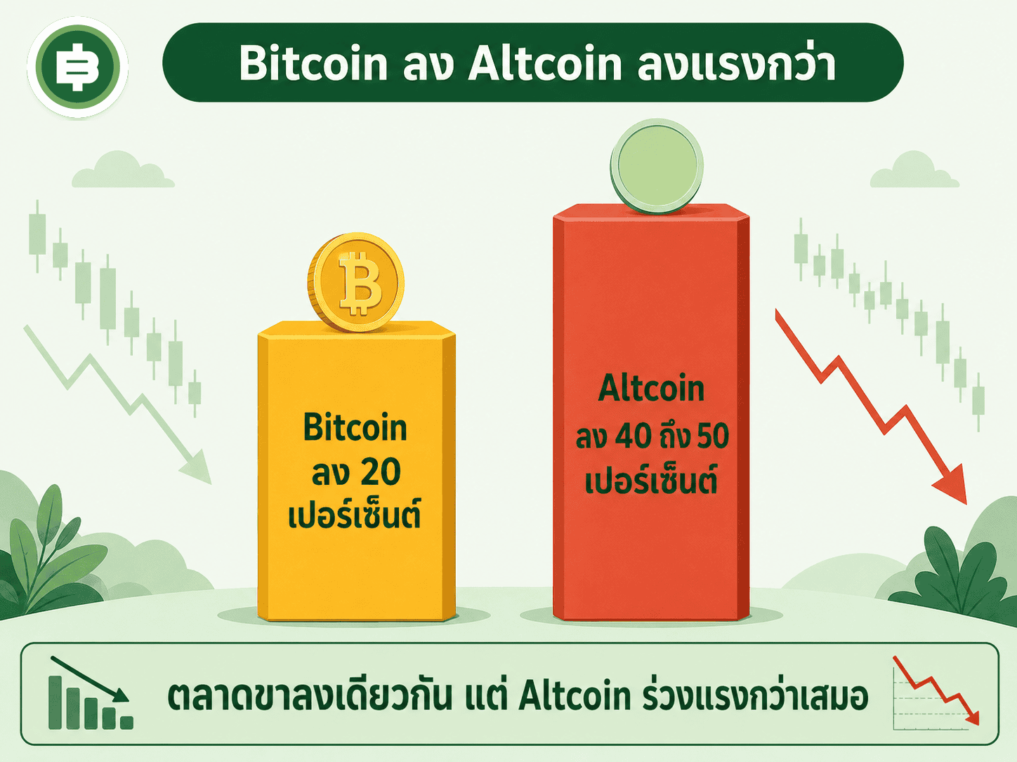 กราฟแท่งเทียบว่าช่วงตลาดขาลงเดียวกัน Bitcoin มักลงราว 20% แต่ Altcoin มักลงแรงกว่าถึง 40-50%