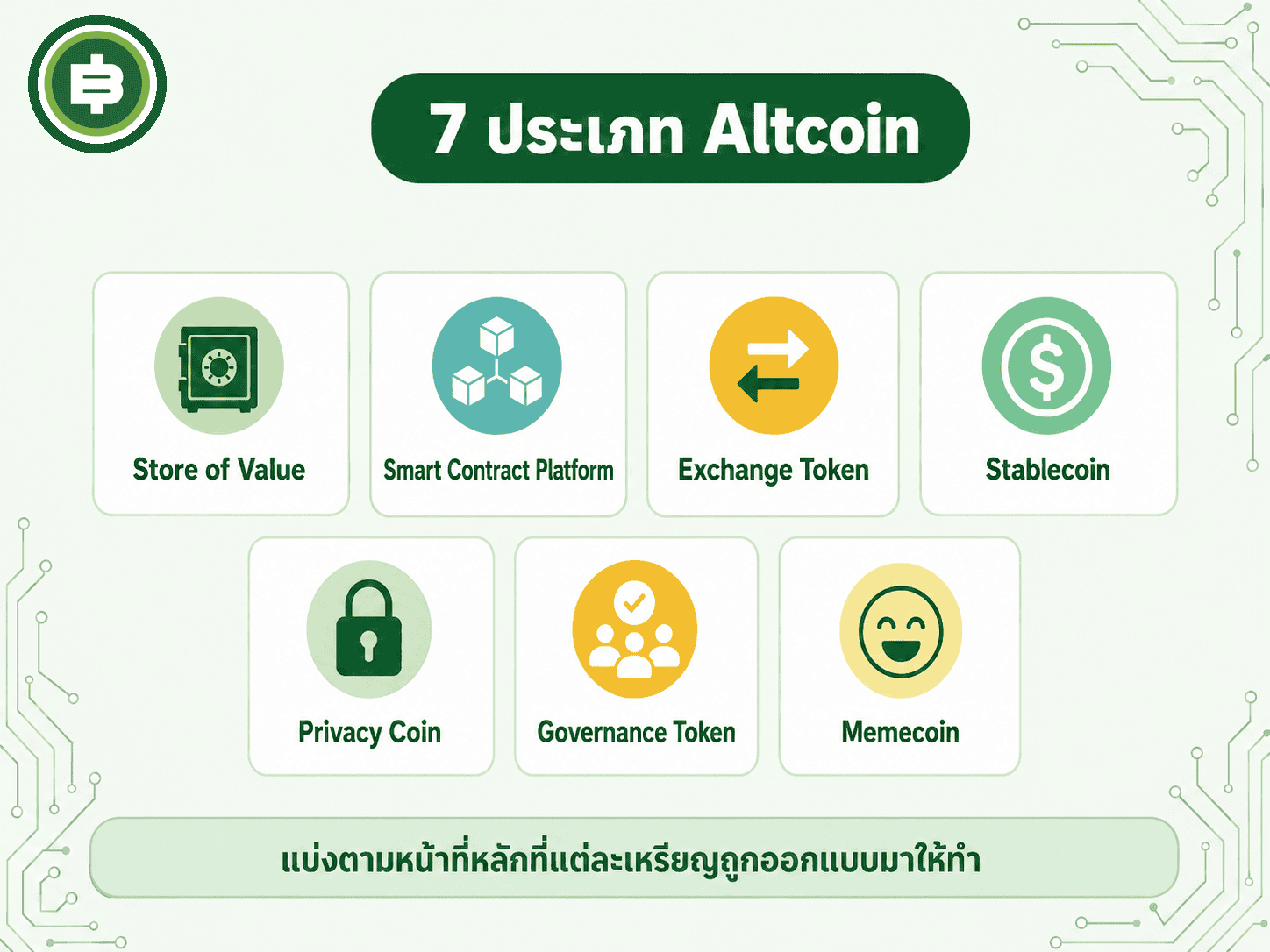 สรุปภาพรวม 7 ประเภท Altcoin ตามหน้าที่การใช้งานที่อธิบายไว้ทั้งหมดในบทความนี้รวมไว้ในแผนภาพเดียว