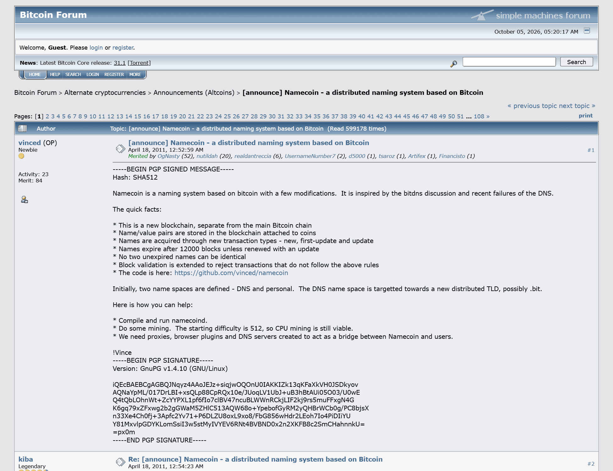 กระทู้ประกาศเปิดตัว Namecoin บนฟอรัม Bitcointalk วันที่ 18 เมษายน 2011 ระบบตั้งชื่อโดเมนแบบกระจายศูนย์บนพื้นฐาน Bitcoin