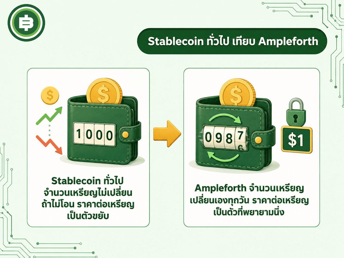 เปรียบเทียบหลักการ Stablecoin ทั่วไปที่ราคาต่อเหรียญเคลื่อนไหว กับ Ampleforth ที่ให้จำนวนเหรียญเคลื่อนไหวแทน
