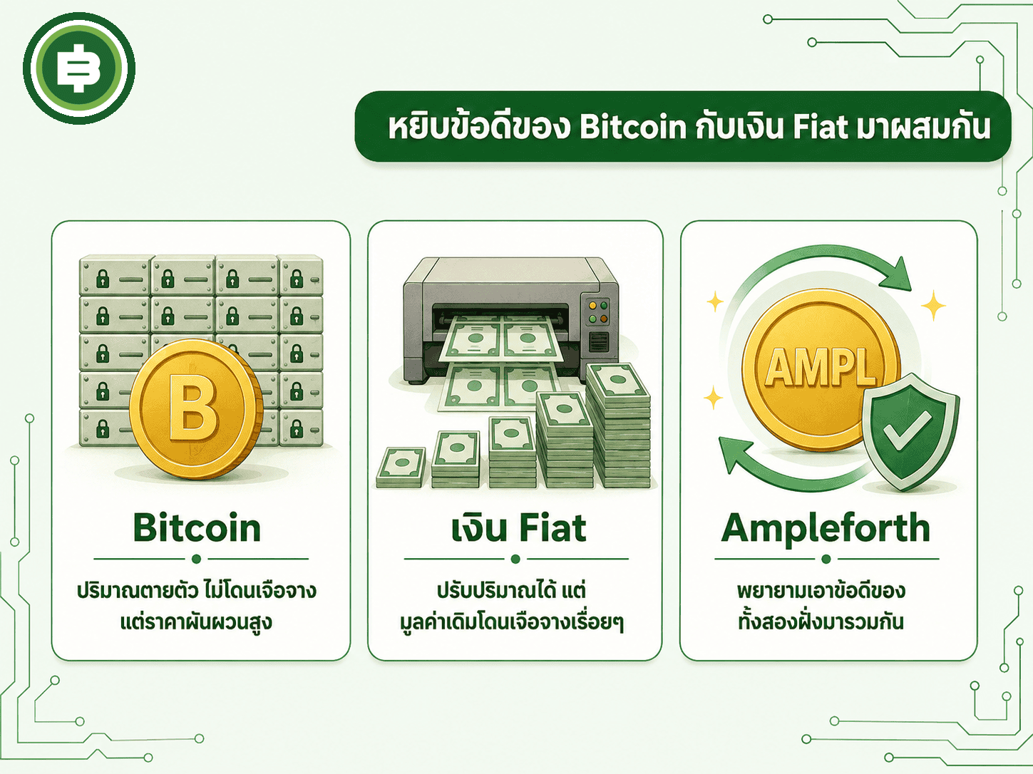เปรียบเทียบ Bitcoin ปริมาณตายตัว เงิน Fiat ปรับปริมาณได้แต่เจือจาง และ Ampleforth ที่พยายามผสมข้อดีทั้งสองฝั่ง