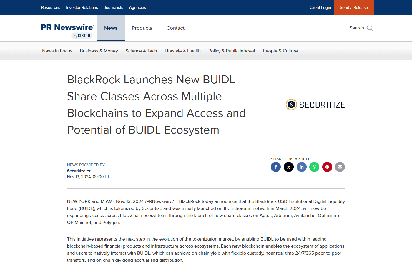 ประกาศทางการของ BlackRock ผ่าน PR Newswire เรื่องการขยายกองทุน BUIDL ไปยังบล็อกเชน Aptos และเชนอื่น