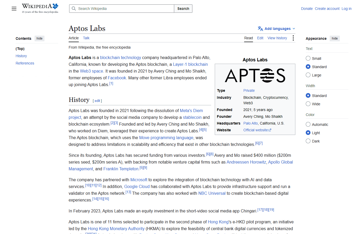 ข้อมูลบริษัท Aptos Labs บน Wikipedia ระบุผู้ก่อตั้ง Avery Ching และ Mo Shaikh ก่อตั้งปี 2021