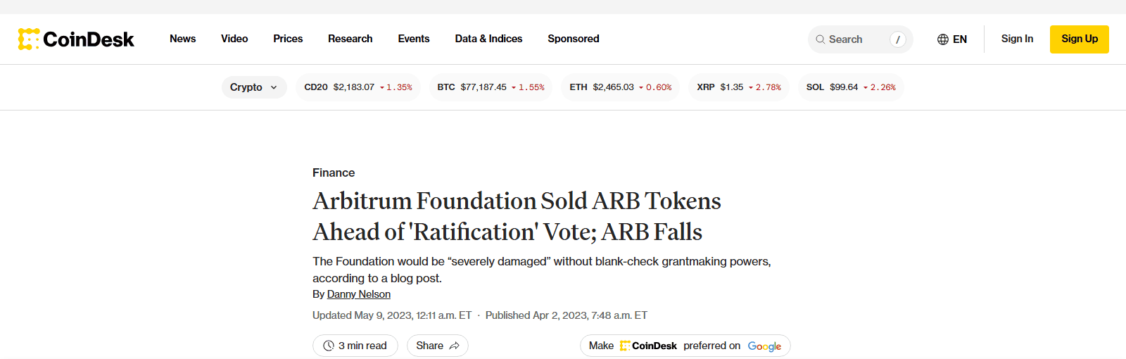 ข่าว CoinDesk เรื่อง Arbitrum Foundation Sold ARB Tokens Ahead of Ratification Vote ความขัดแย้ง AIP-1 มีนาคม 2023