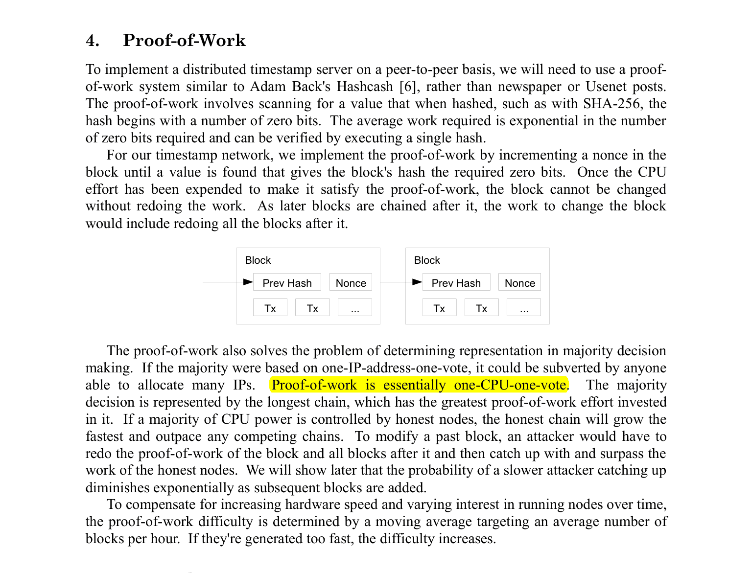 หน้าที่ 3 ของ Bitcoin Whitepaper หัวข้อ Proof-of-Work ไฮไลต์ประโยค one-CPU-one-vote