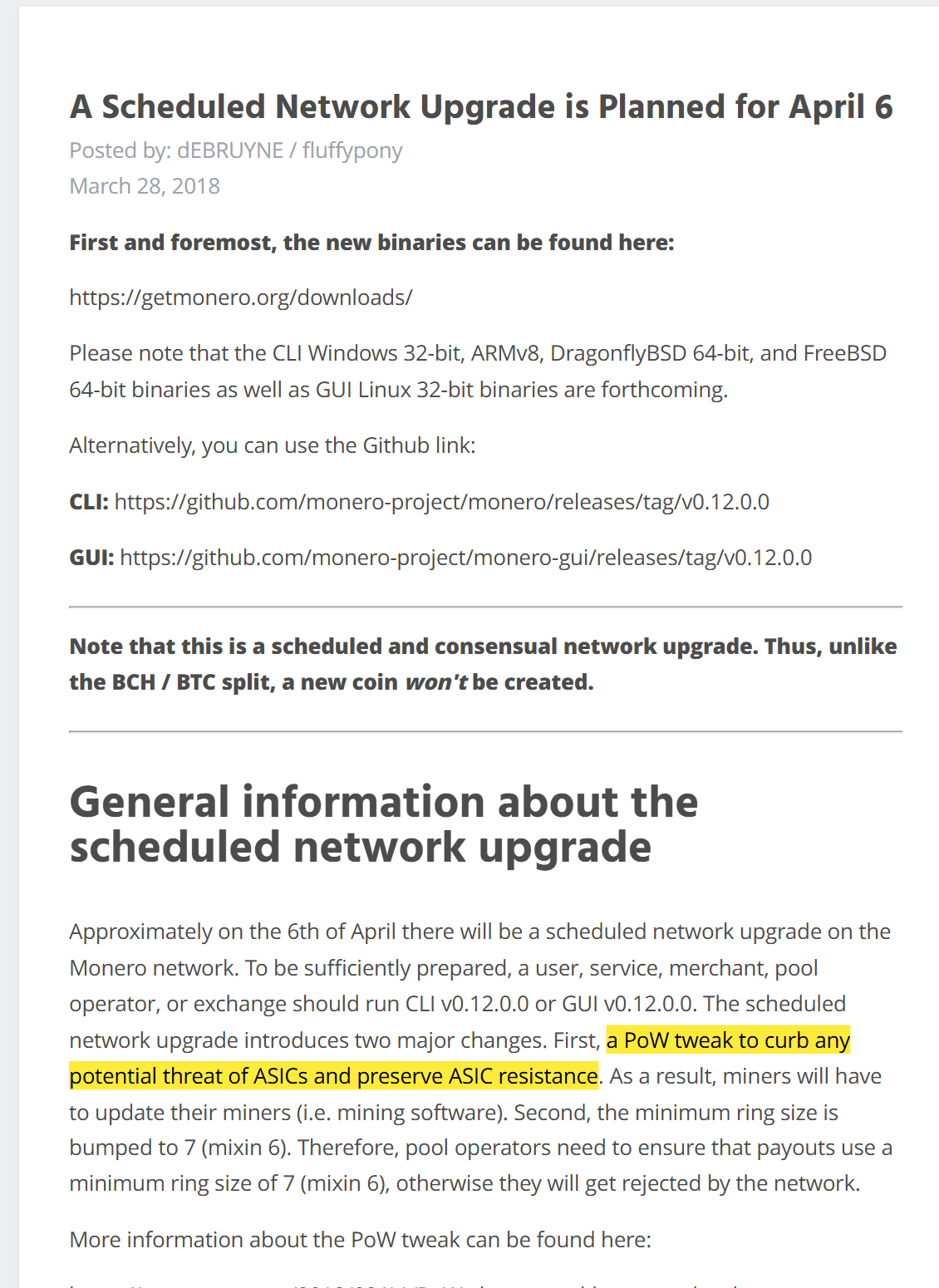 ประกาศของทีม Monero ปี 2018 เรื่องปรับ PoW เพื่อสกัด ASIC ก่อนอัปเกรดเครือข่ายวันที่ 6 เมษายน