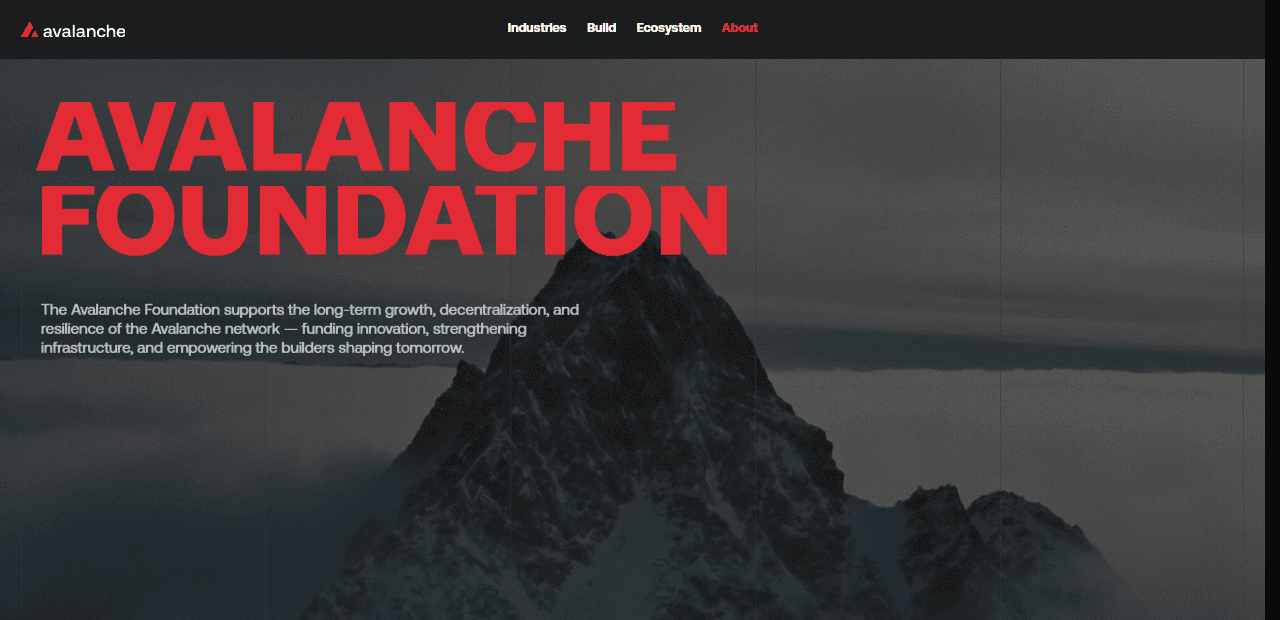 หน้าเว็บทางการของ Avalanche Foundation องค์กรไม่แสวงหากำไรที่สนับสนุนระบบนิเวศ Avalanche