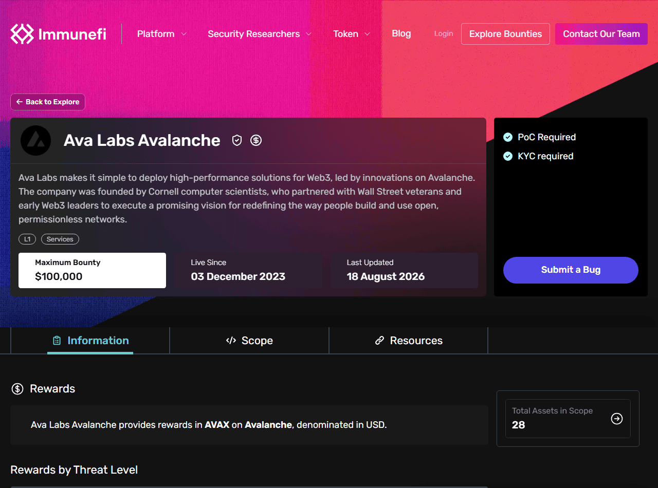 หน้าโครงการ bug bounty ของ Avalanche บน Immunefi แสดงรางวัลสูงสุด 100000 ดอลลาร์