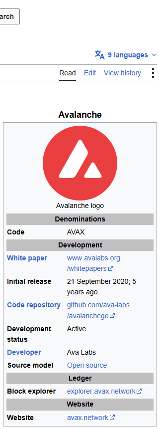 ข้อมูลสรุปเครือข่าย Avalanche จากสารานุกรม Wikipedia