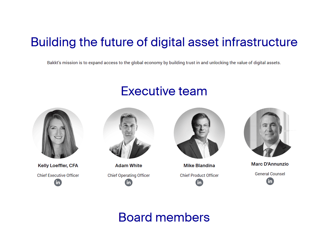 หน้า About ของ bakkt.com เดือนกันยายน 2019 ทีมผู้บริหารนำโดย Kelly Loeffler