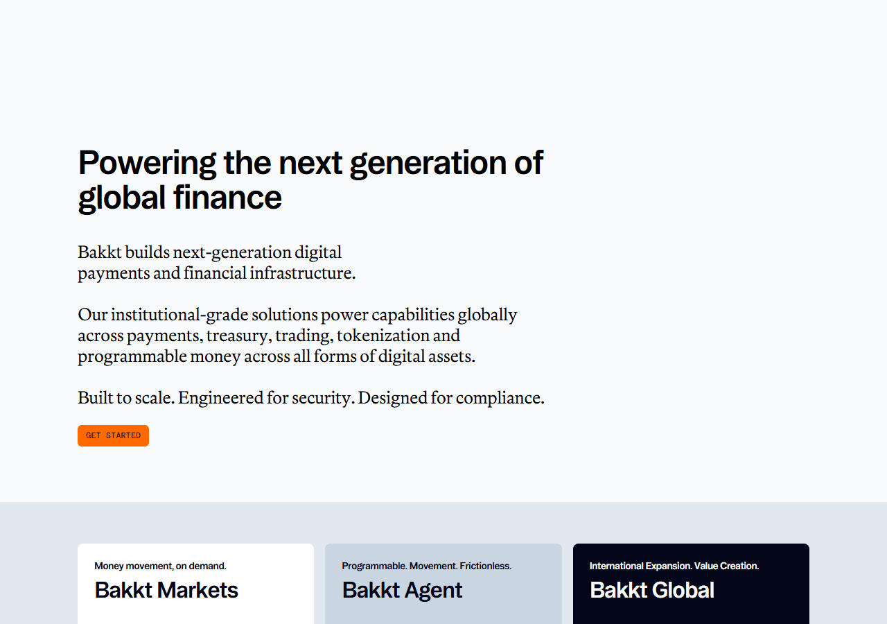 หน้าแรกเว็บไซต์ Bakkt ปัจจุบัน วางตัวเป็นโครงสร้างพื้นฐานการชำระเงินและการเงินยุคใหม่