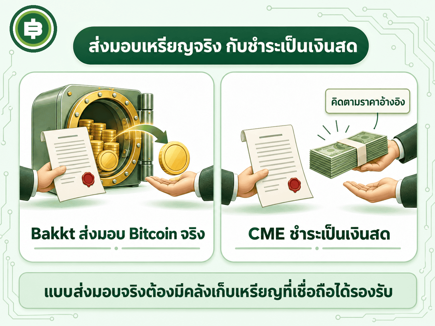 สัญญาแบบส่งมอบ Bitcoin จริงของ Bakkt เทียบกับสัญญาชำระด้วยเงินสดของ CME