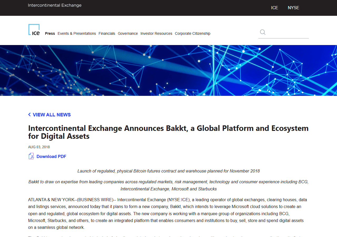 ข่าวแจก ICE 3 สิงหาคม 2018 ประกาศตั้ง Bakkt แพลตฟอร์มสินทรัพย์ดิจิทัล ตั้งเป้าเปิด Bitcoin Futures เดือนพฤศจิกายน 2018