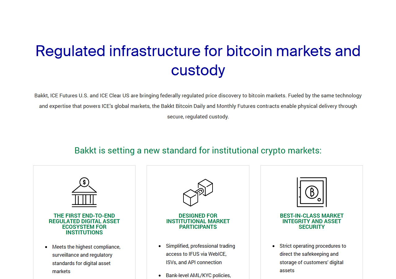 หน้า Markets ของ bakkt.com ที่ Wayback เก็บไว้ 23 กันยายน 2019 ข้อความโปรย Regulated infrastructure for bitcoin markets and custody (หน้านี้ไม่แสดงตารางราคาในสำเนา archive)