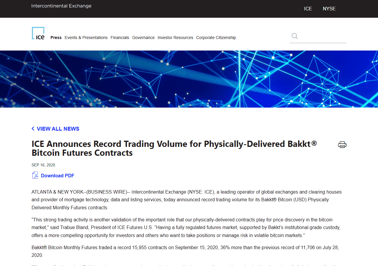 ข่าวแจก ICE 16 กันยายน 2020 สัญญา Bakkt Bitcoin Monthly Futures ทำสถิติ 15,955 สัญญา