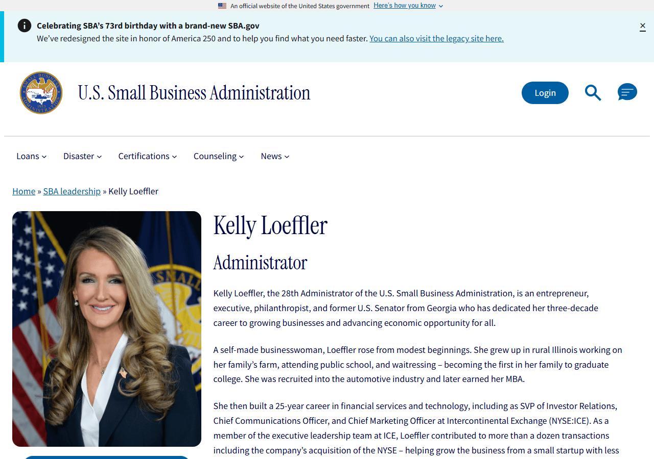 หน้าประวัติ Kelly Loeffler ผู้บริหารสูงสุดคนที่ 28 ของ U.S. Small Business Administration