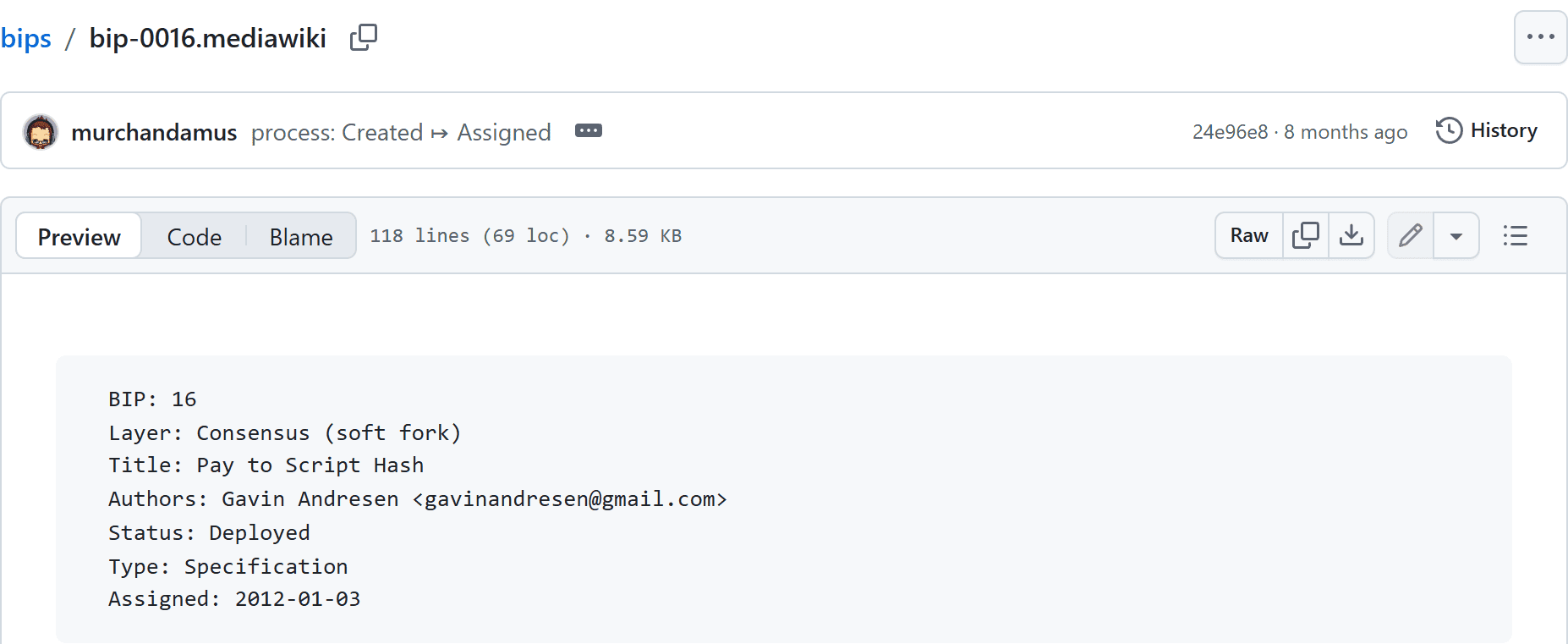 หัวเอกสาร BIP 16 Pay to Script Hash บน GitHub ชั้น Consensus soft fork ผู้เขียน Gavin Andresen สถานะ Deployed ได้เลขประจำวันที่ 3 มกราคม 2012
