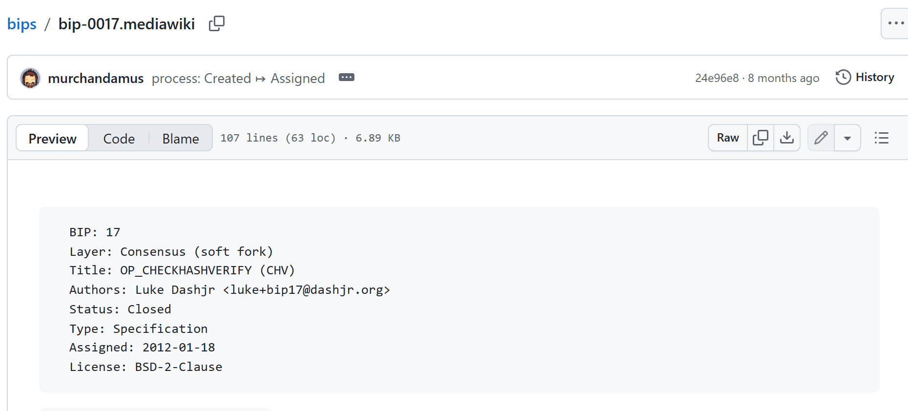 หัวเอกสาร BIP 17 OP_CHECKHASHVERIFY บน GitHub ผู้เขียน Luke Dashjr สถานะ Closed ได้เลขประจำวันที่ 18 มกราคม 2012