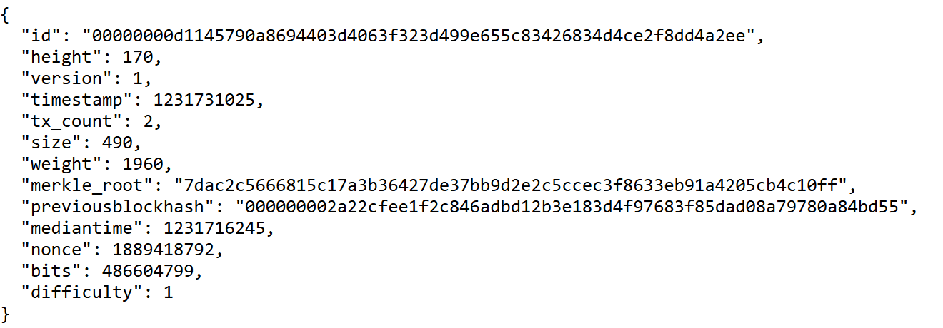 ข้อมูลส่วนหัวของบล็อก Bitcoin ที่ 170 จาก API ของ Blockstream มีช่อง merkle_root และ previousblockhash ซึ่งเป็นค่า hash ของบล็อกก่อนหน้า