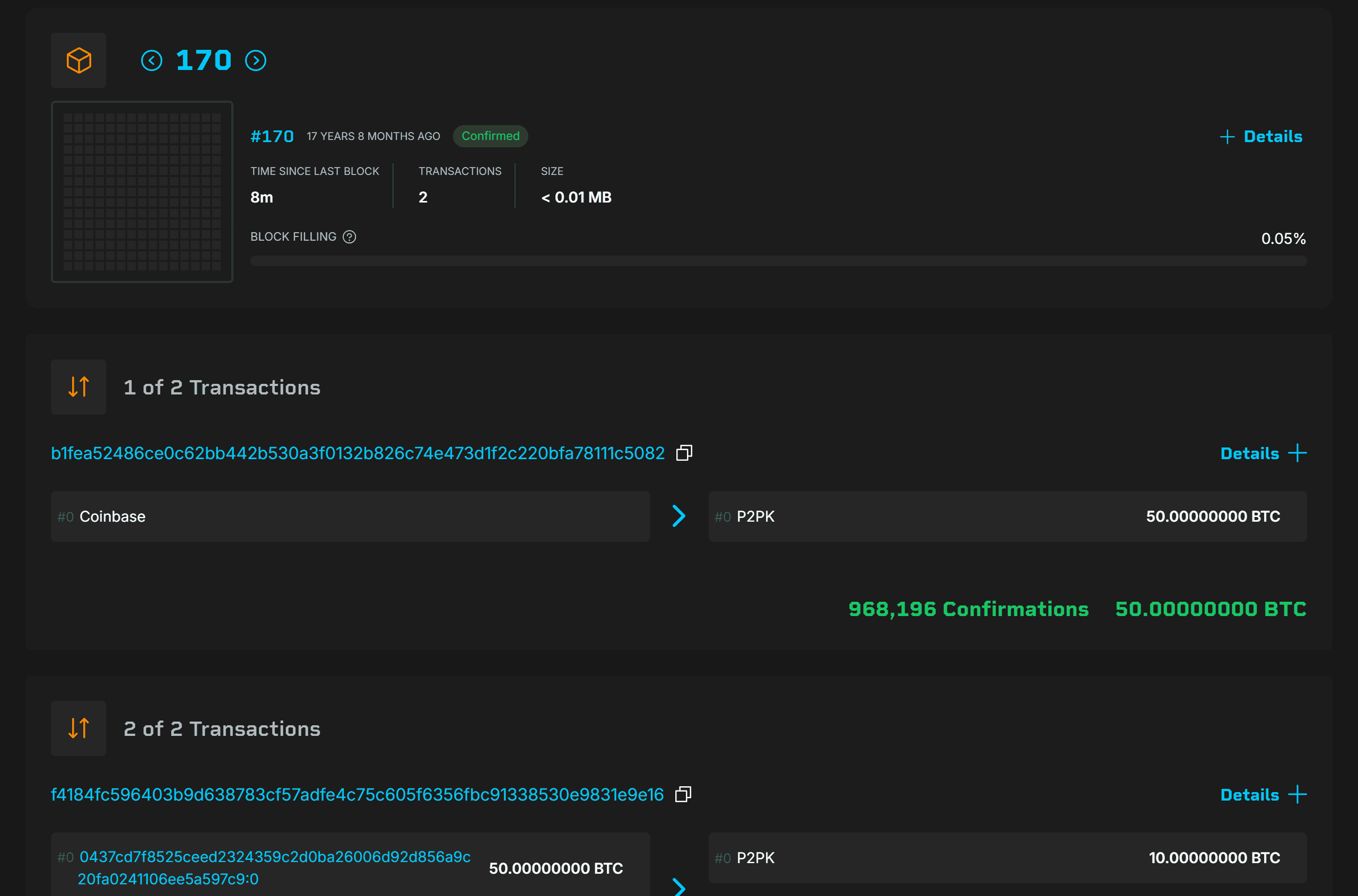 หน้าแสดงรายละเอียดบล็อกที่ 170 บนเว็บสำรวจบล็อก Blockstream เห็นธุรกรรมสองรายการ รายการที่สองรับเข้า 50 BTC จ่ายออก 10 BTC และ 40 BTC