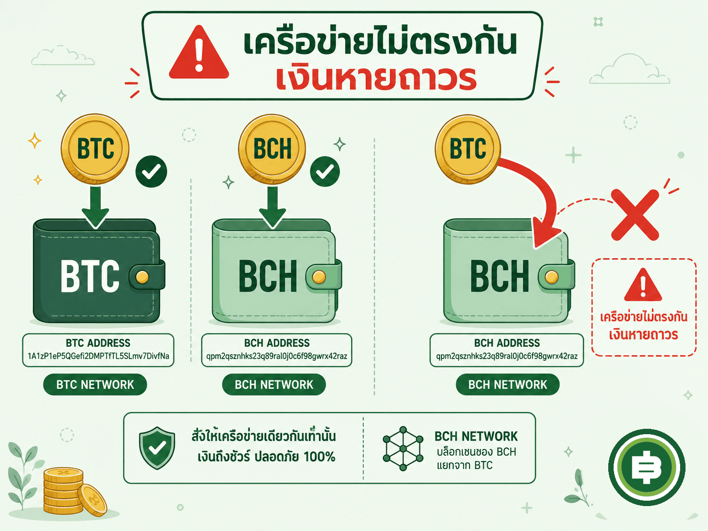 คำเตือนก่อนโอนเหรียญ ส่งผิดเครือข่ายระหว่าง BTC กับ BCH เงินหายถาวรกู้คืนไม่ได้ ต้องเช็คเครือข่ายให้ตรงกันทุกครั้ง