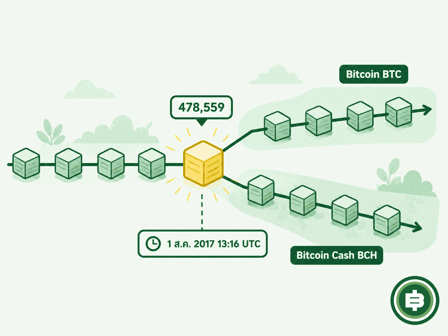 จุดที่เครือข่าย Bitcoin แยกออกเป็นสองสายจริงที่บล็อก 478,559 วันที่ 1 สิงหาคม 2017 เวลา 13:16 UTC