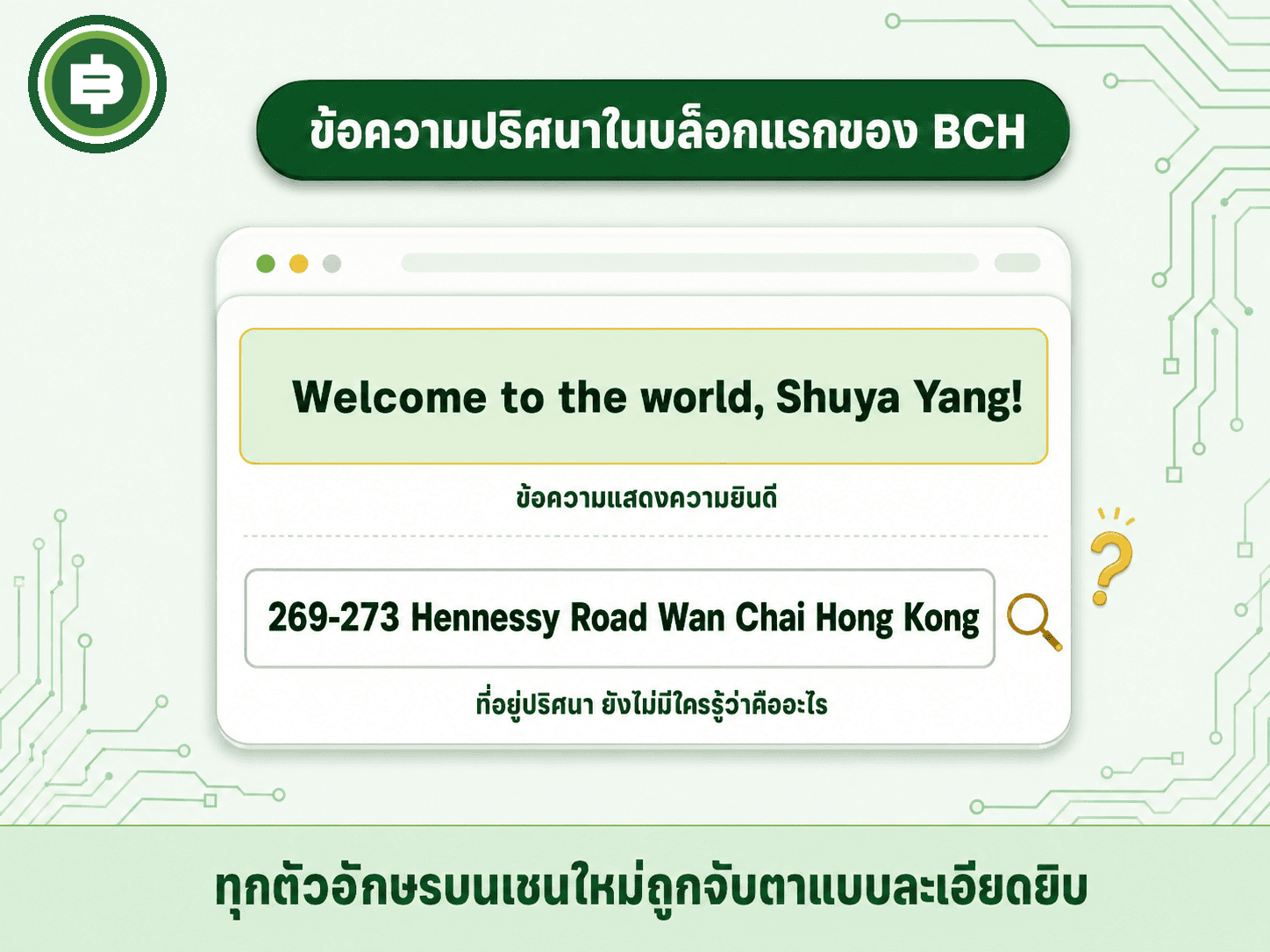 ข้อความปริศนาในบล็อกแรกของ BCH ทั้งข้อความแสดงความยินดีและที่อยู่ Hennessy Road ที่ยังไม่มีคำตอบตอนนั้น