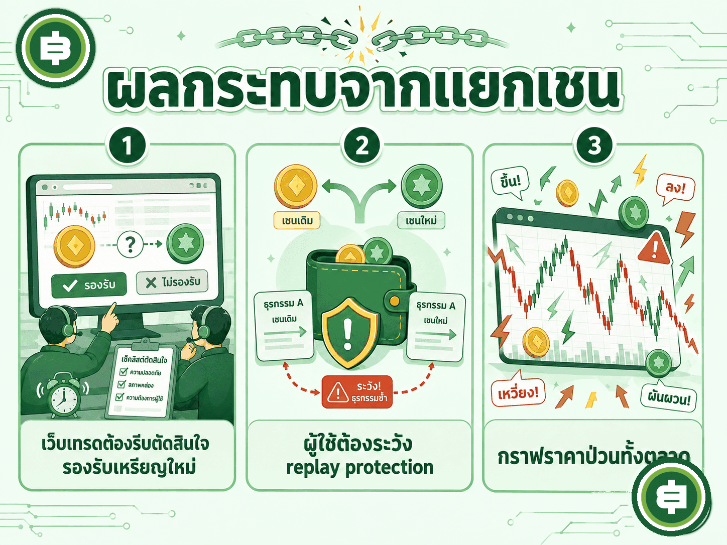 สามผลกระทบจากการแยกเชนจริง เว็บเทรดต้องรีบตัดสินใจ ผู้ใช้ต้องระวัง replay protection ราคาป่วนทั้งตลาด