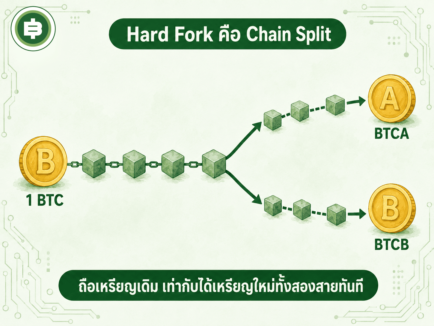 Hard Fork คือ Chain Split ถือเหรียญเดิม 1 BTC เท่ากับได้เหรียญใหม่ทั้งสองสาย BTCA และ BTCB ทันที