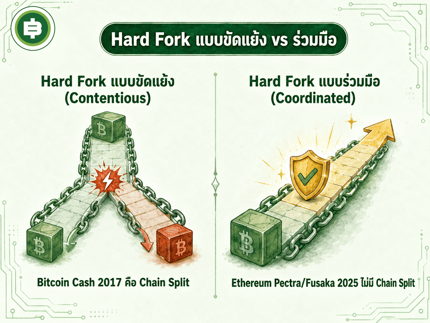 Hard Fork แบบขัดแย้ง Bitcoin Cash 2017 เทียบกับ Hard Fork แบบร่วมมือ Ethereum Pectra Fusaka 2025
