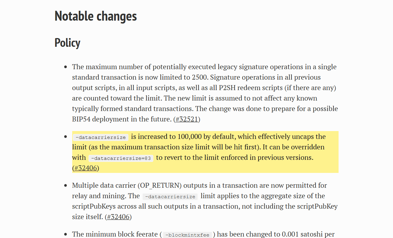 บันทึกการออกรุ่น Bitcoin Core 30.0 ส่วนนโยบาย mempool ที่ระบุว่า datacarriersize เพิ่มเป็น 100,000 ตามค่าเริ่มต้น