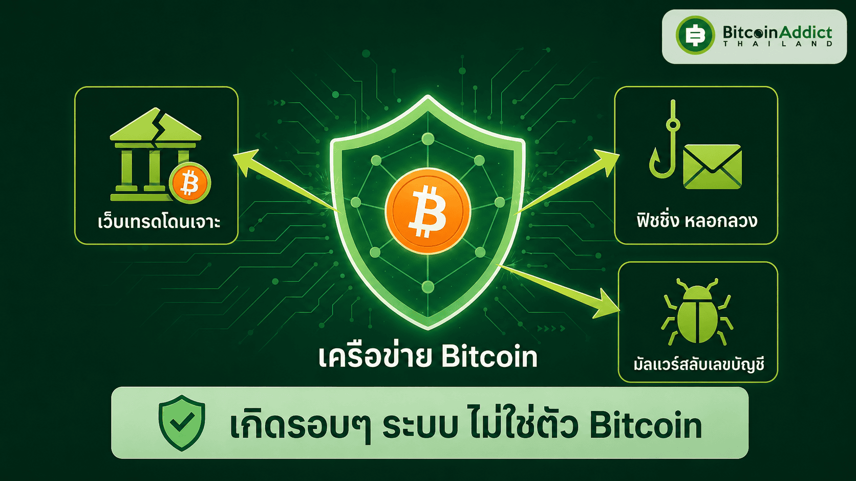 การโจมตี Bitcoin ระดับผู้ใช้ เว็บเทรด ฟิชชิ่ง มัลแวร์ เกิดรอบๆ ระบบ ไม่ใช่ตัว Bitcoin