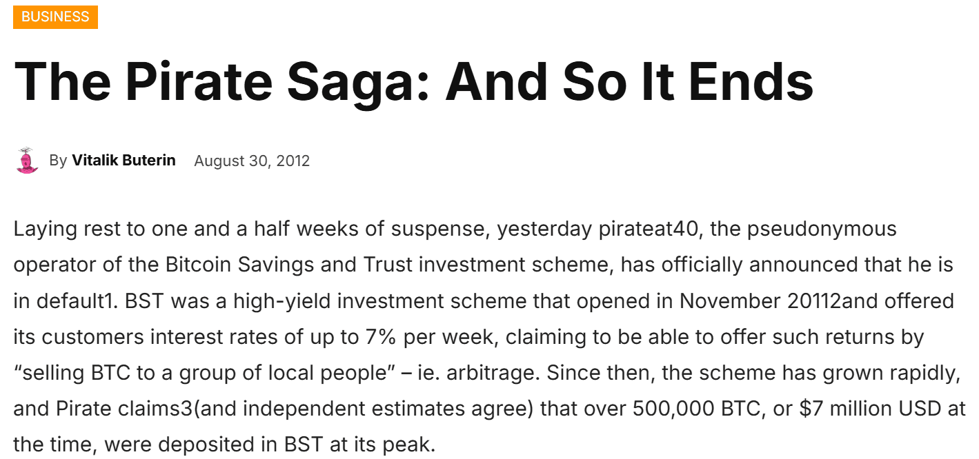 บทความ The Pirate Saga And So It Ends โดย Vitalik Buterin ใน Bitcoin Magazine วันที่ 30 สิงหาคม 2012 ย่อหน้าแรกระบุว่า Pirate อ้างว่ามีเงินฝากมากกว่า 500,000 BTC ในช่วงที่ใหญ่ที่สุด