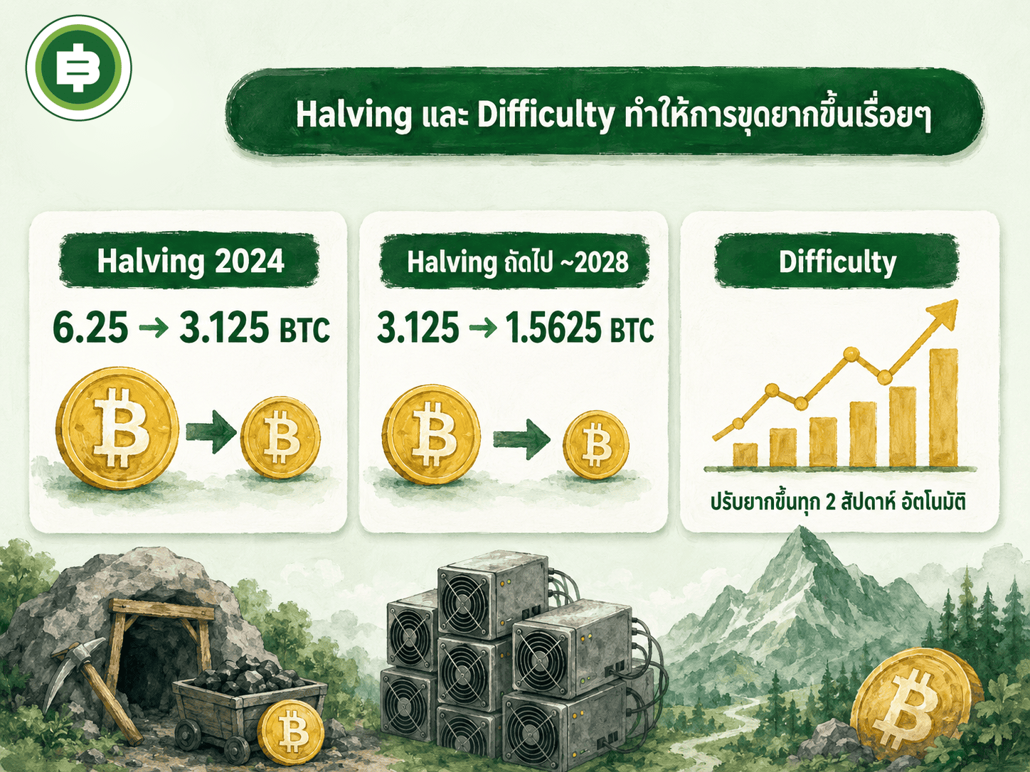 Halving 2024 ลดรางวัลจาก 6.25 เหลือ 3.125 BTC และ Difficulty ปรับยากขึ้นทุก 2 สัปดาห์อัตโนมัติ