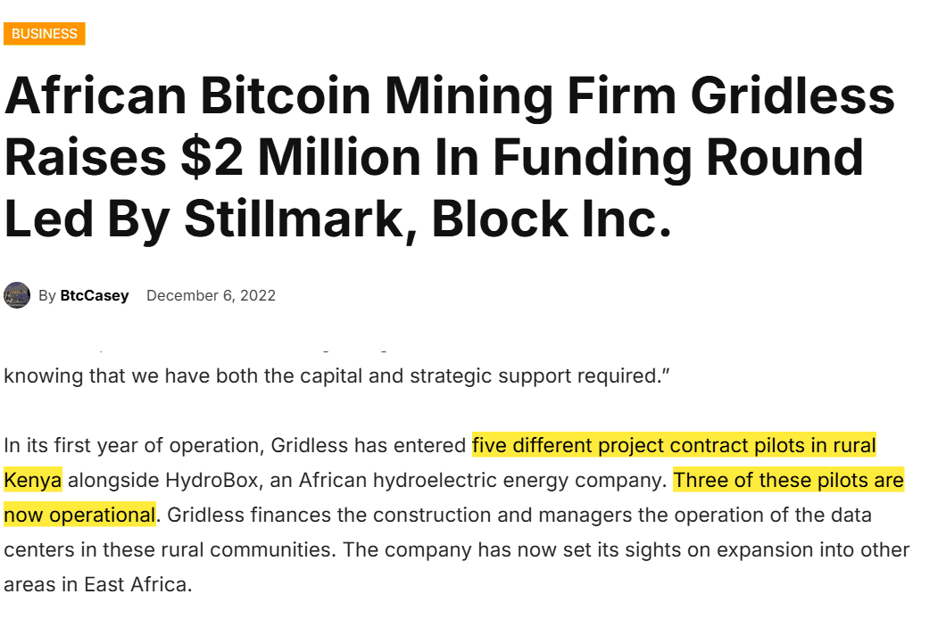 บทความ Bitcoin Magazine ปี 2022 เรื่อง Gridless ระดมทุน 2 ล้านดอลลาร์ ที่ระบุสัญญานำร่องในชนบทเคนยา
