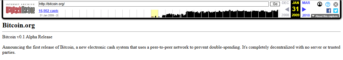หน้าแรกของ bitcoin.org ในเดือนมกราคม 2009