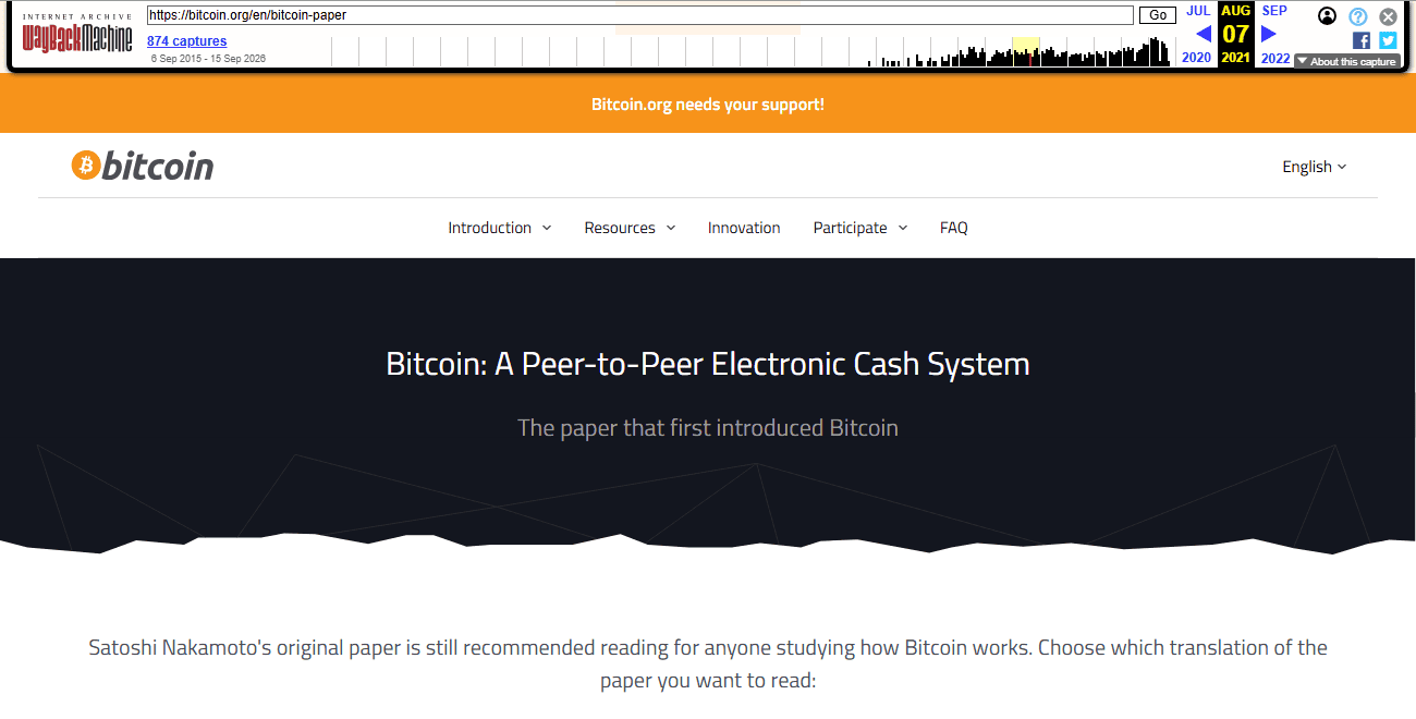 หน้าดาวน์โหลด Whitepaper บน bitcoin.org เมื่อเดือนสิงหาคม 2021