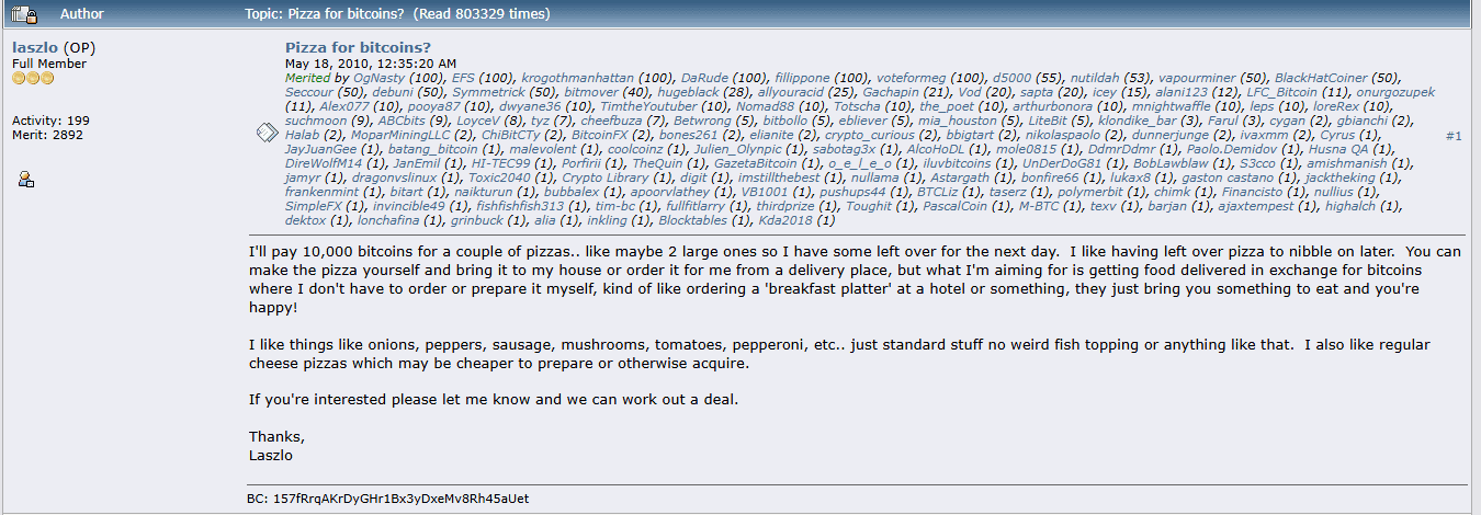 กระทู้ต้นฉบับบน BitcoinTalk ที่ Laszlo เสนอจ่าย 10,000 BTC แลกพิซซ่าสองถาด