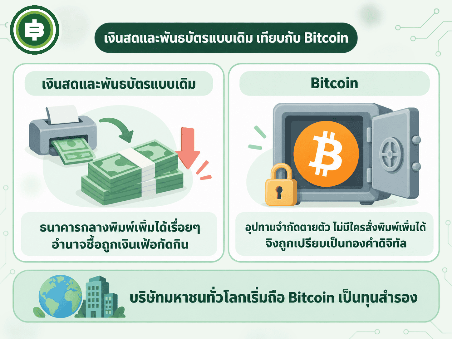 เปรียบเทียบข้อจำกัดของเงินสดและพันธบัตรแบบเดิมที่ธนาคารกลางพิมพ์เพิ่มได้เรื่อยๆ กับคุณสมบัติอุปทานจำกัดตายตัวของ Bitcoin ที่ทำให้ถูกเรียกว่าทองคำดิจิทัล