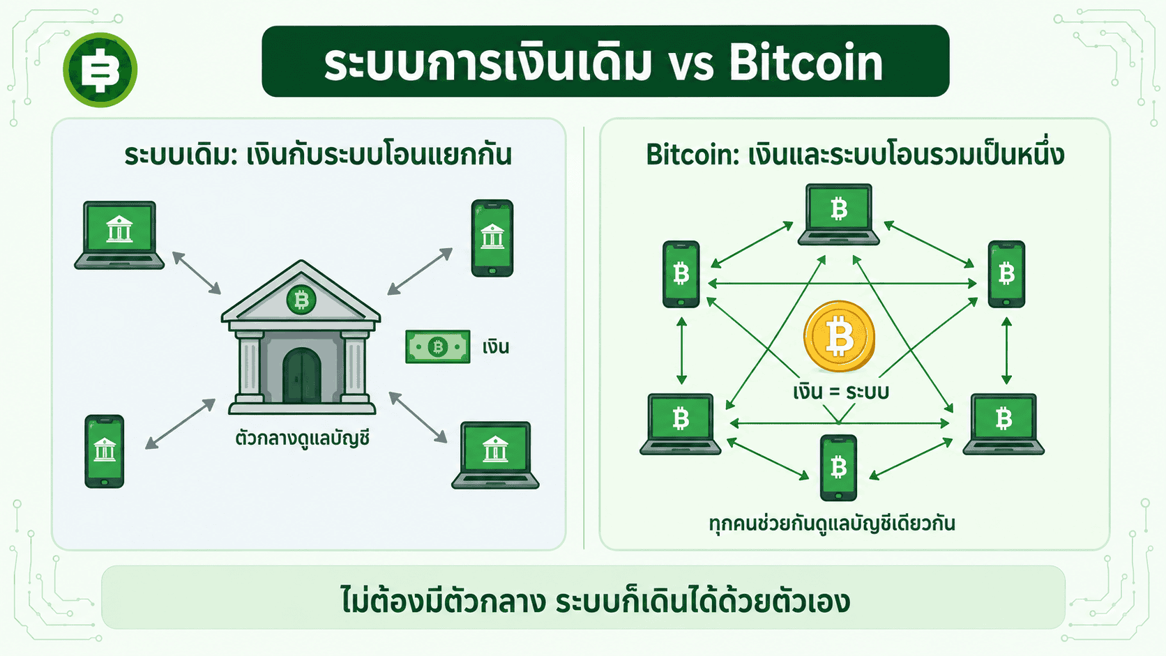 ระบบการเงินเดิมที่มีตัวกลาง เทียบกับ Bitcoin ที่เงินและระบบโอนรวมเป็นหนึ่ง