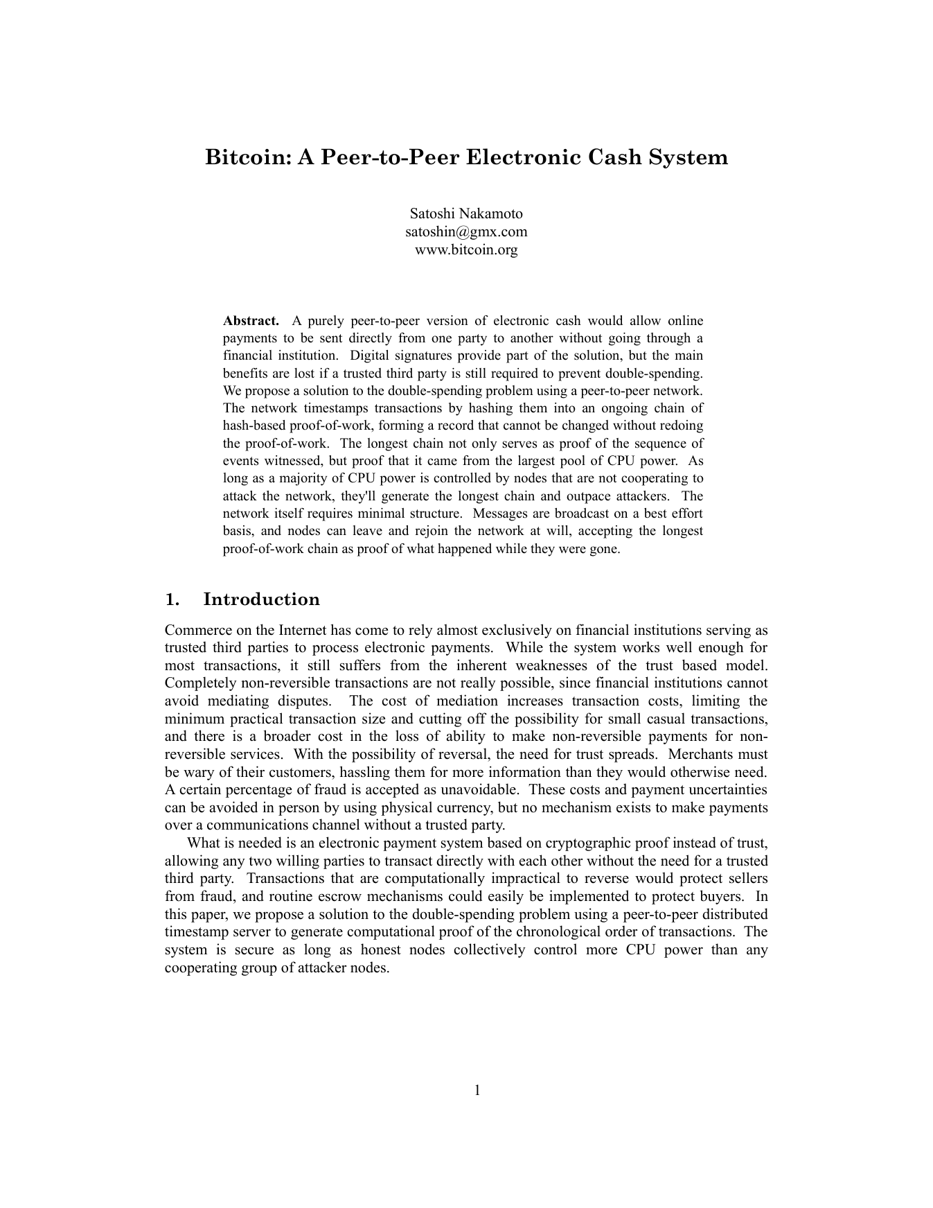 หน้าแรกของ Bitcoin Whitepaper แสดงชื่อเรื่อง ผู้เขียน บทคัดย่อ และหัวข้อ 1 Introduction